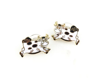 Vintage Cloisonne esmalte chino negro blanco vaca Stud Pendientes