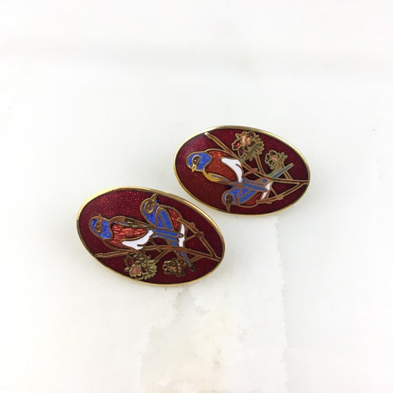 Vintage Cloisonne Chinese Enamel Bird Stud Earrin… - image 3