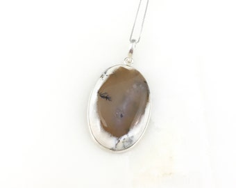 Vintage 925 Sterling Silber Dendritic Opal Anhänger Halskette