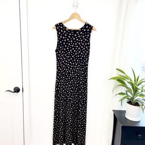 Vintage 90s Y2K Pink Black Floral Flower Boho Stretch Sleeveless Shift Maxi Dress Women’s Small