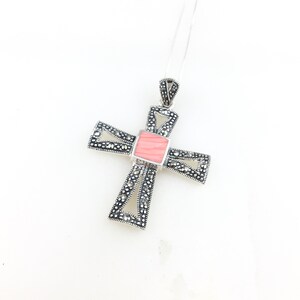 Vintage 925 Deco Sterling Silver Pink Coral Marcasite Cross Pendant Necklace