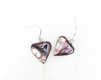 Vintage 925 Sterling Silver Mexico Alpaca Abalone Heart Dangle Earrings