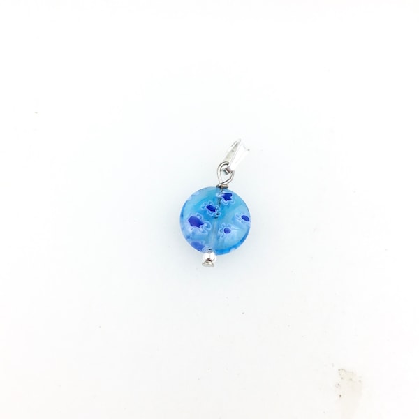 Vintage 925 Sterling Silver Millefiori Blue Flower Floral Charm Pendant Necklace