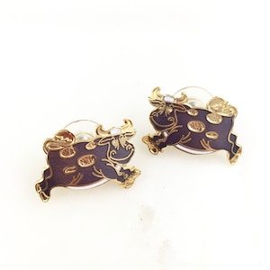 Vintage Cloisonne Chinese Enamel Cow Stud Earrings