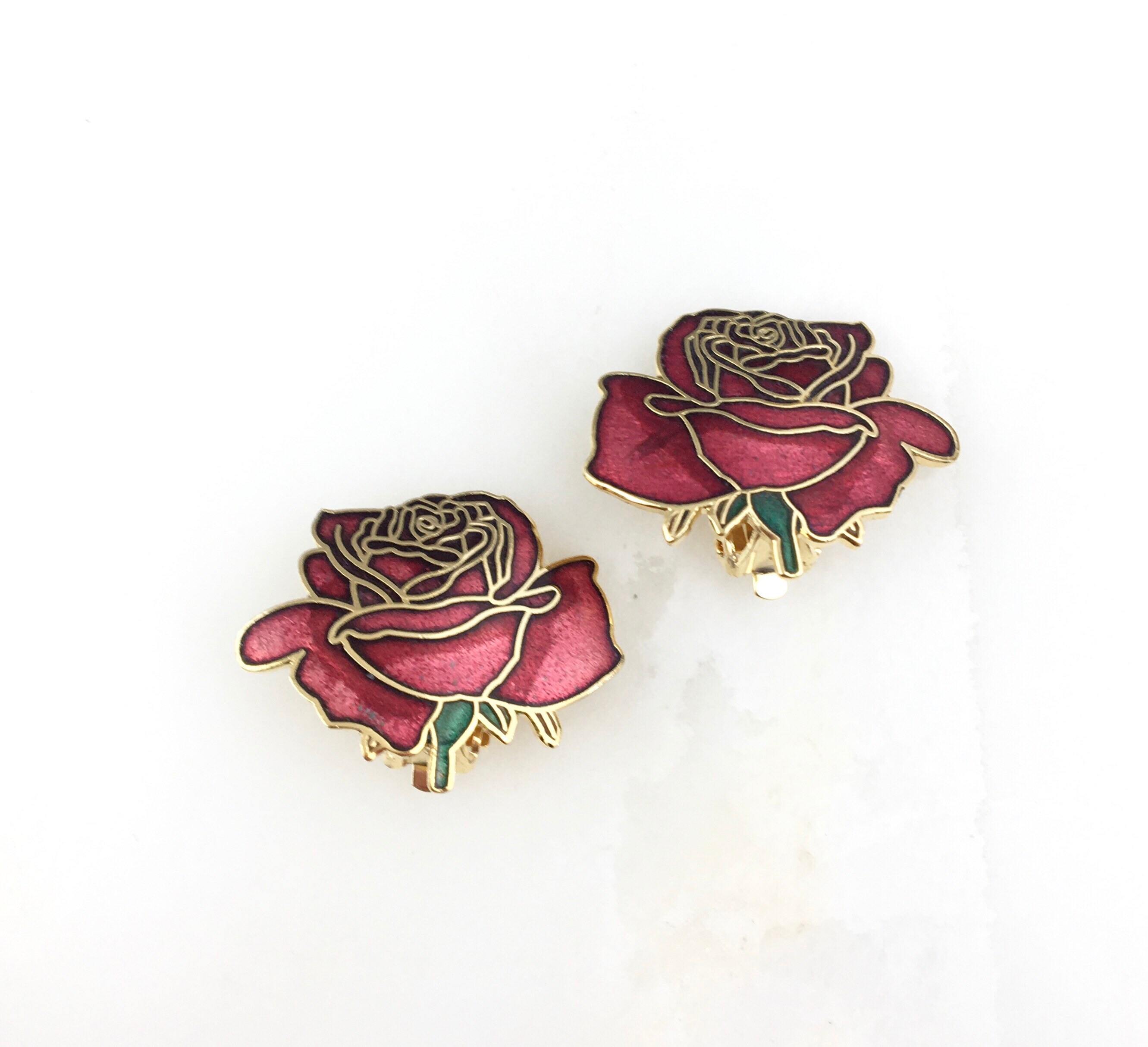 Boucles D'oreilles Clips Vintage Années 80 - Fleur En émail Cloisonné Rose Et Métal Doré