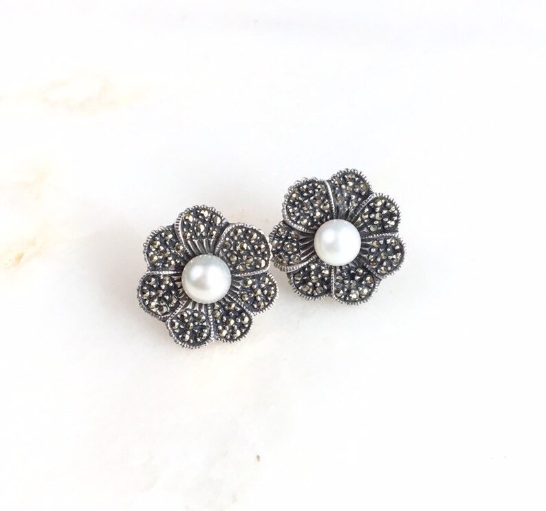 Vintage Sterling Silver Marcasite Pearl Flower Stud Earrings