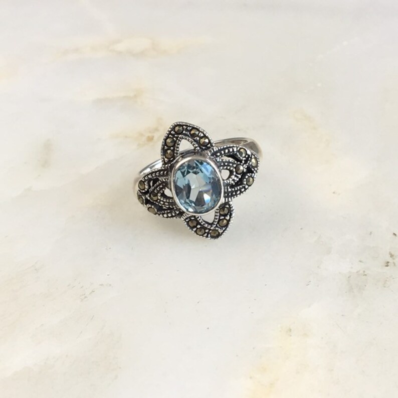 Vintage Sterling Silver Marcasite Topaz Cocktail Ring Size 8.25