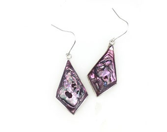 Vintage 925 Sterling Silver Mexico Alpaca Purple Abalone Inlay Dangle Earrings