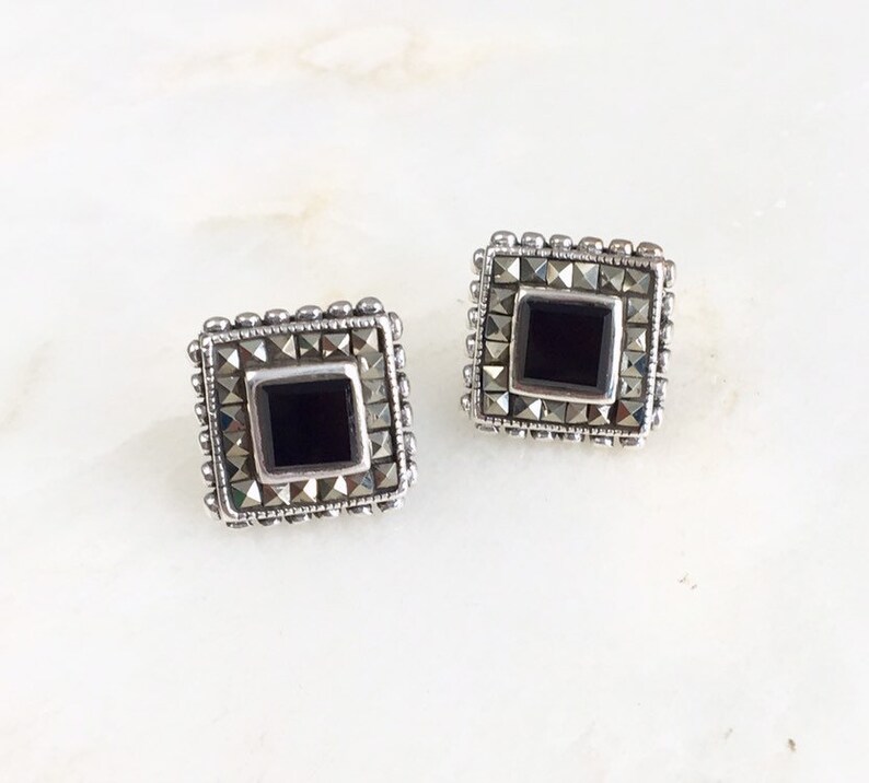 Vintage Sterling Silver Onyx Marcasite Stud Earrings