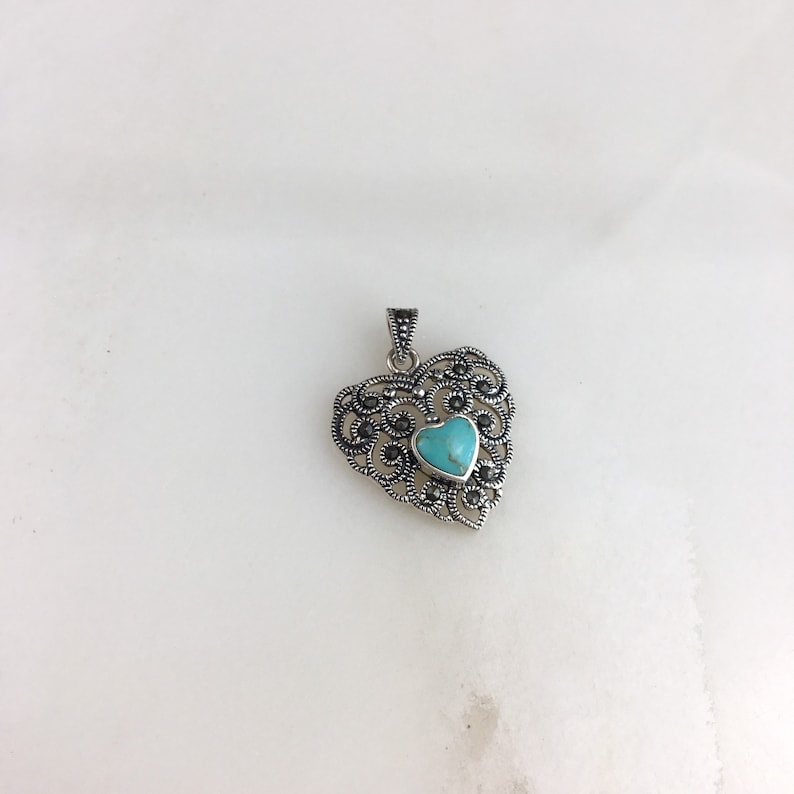Vintage 925 Deco Sterling Silver Marcasite Turquoise Heart Pendant Necklace