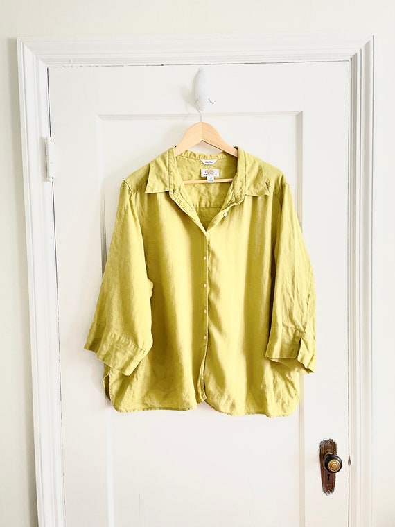 Vintage 90s Talbots Green 100% Irish Linen 3/4 Sleeve Button up Blouse  Shirt Womens Plus 2X Petite 