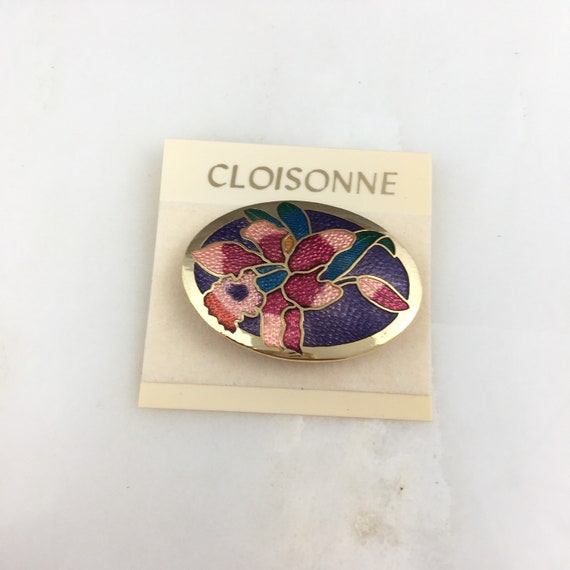 Vintage Cloisonne Gold Tone Enamel Floral Flower … - image 2
