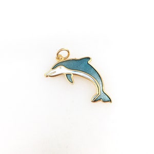 Vintage Cloisonné Gold Tone Enamel Dolphin Pendant Necklace