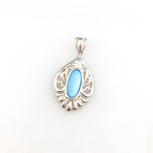 Vintage 925 Sterling Silver Blue Mother of Pearl Pendant Necklace