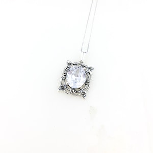 Vintage 925 Deco Sterling Silver CZ Diamond Marcasite Pendant Necklace