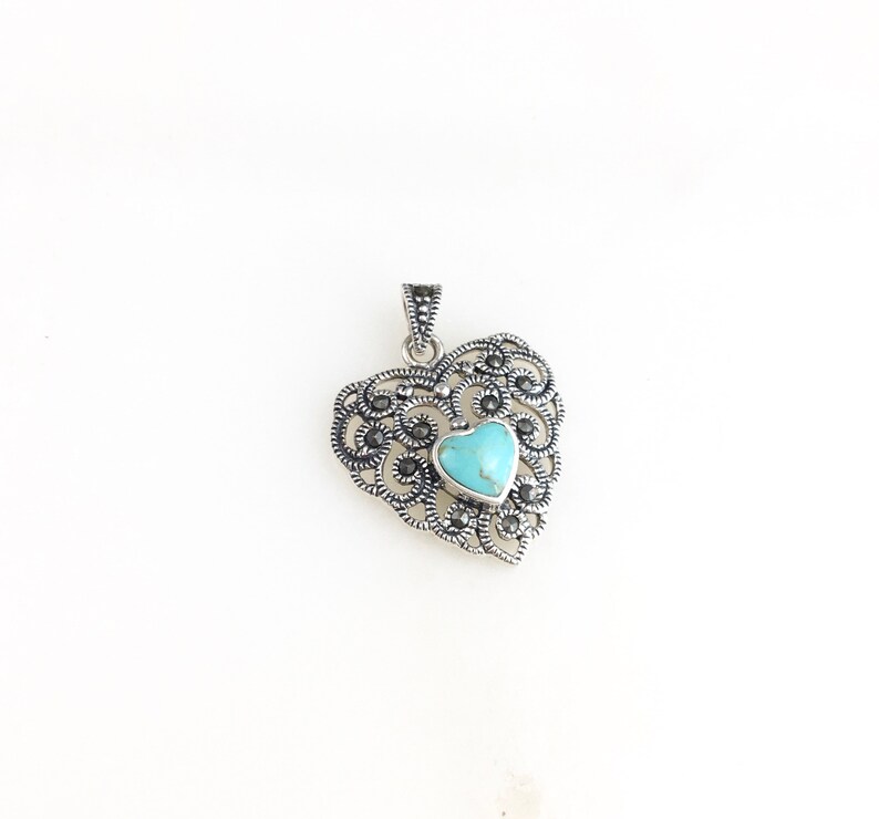 Vintage 925 Deco Sterling Silver Marcasite Turquoise Heart Pendant Necklace