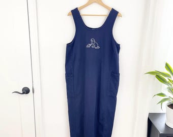 Vintage 90s Y2K Blue Dog Reading A Book Sleeveless Shift Maxi Dress Women’s Large