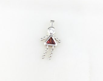 Vintage 925 Sterling Silver Red Garnet Glass Girl Child January Birthstone Pendant Necklace