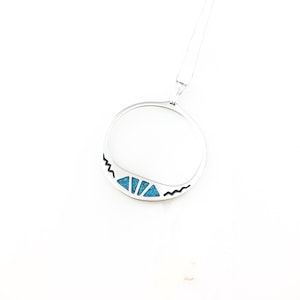 Vintage 925 Sterling Silber Blau Türkis Inlay Kreis Südwesten Anhänger Halskette