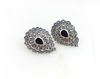 Vintage 925 Deco Sterling Silver Onyx Marcasite Stud Earrings