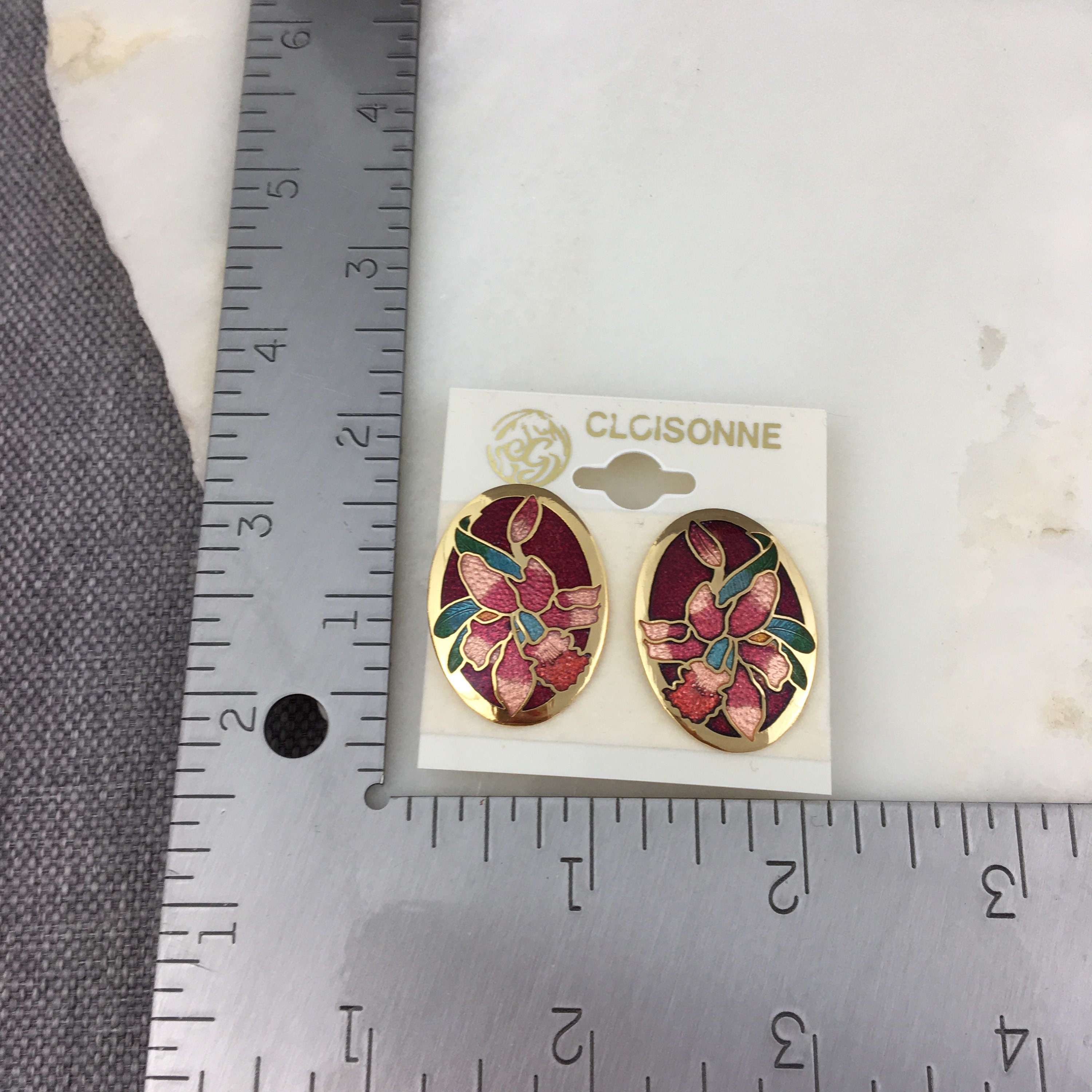 Boucles D'Oreilles Clips Vintage En Émail Cloisonné Fleuri - Occasion Impeccable - Bijou Ancien Coloré