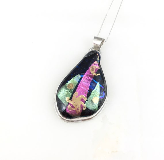 Vintage 925 Sterling Silver Pink Green Dichroic G… - image 1