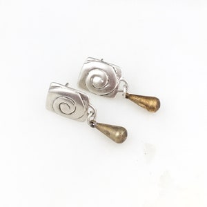 Vintage 925 Sterling Silver Brass Modernist Spiral Dangle Earrings