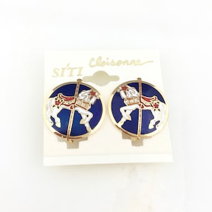 Vintage Cloisonné Enamel Blue Carousel Horse Clip On Earrings