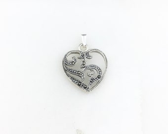 Vintage 925 Deco Sterling Silver Marcasite Heart Pendant Necklace