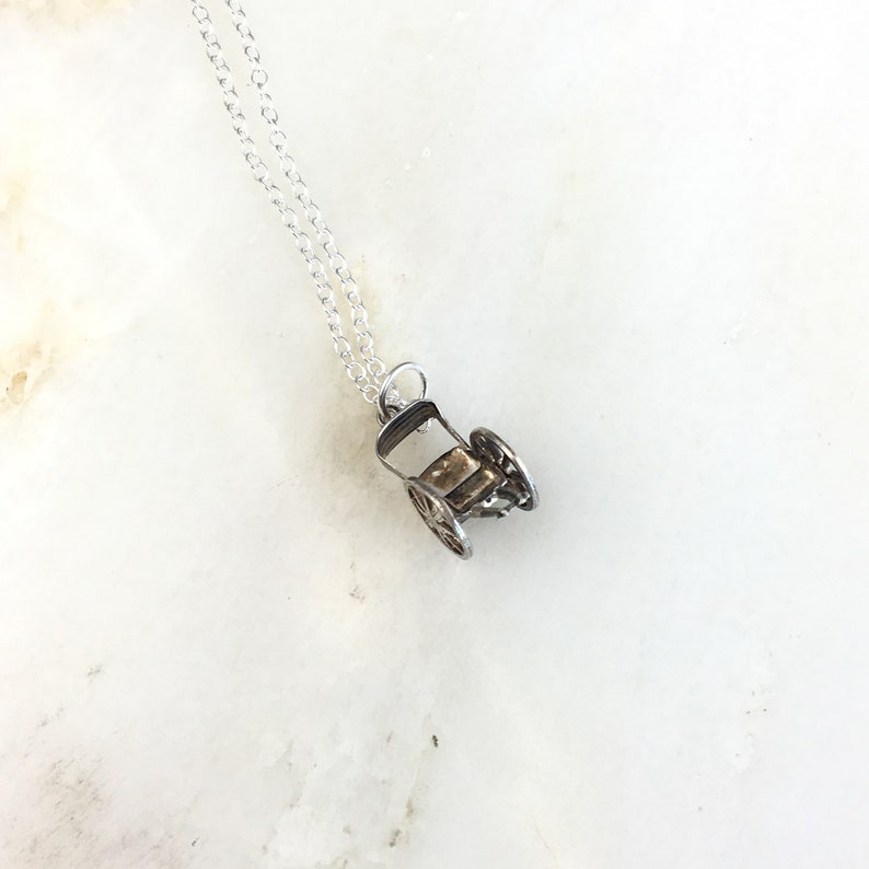 Vintage 925 Antique Sterling Silver Carriage Cart Moveable Charm Pendant Necklace