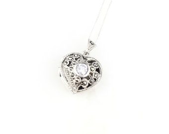 Vintage 925 Sterling Silver Art Deco Marcasite CZ Diamond Heart Locket Pendant Necklace