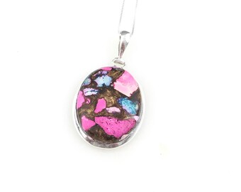 Vintage 925 Sterling Silver Pink Copper Turquoise Gemstone Pendant Necklace