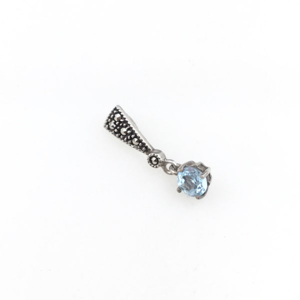 Vintage 925 Sterling Silver Deco Marcasite Minimal Blue Aquamarine Glass Pendant Necklace