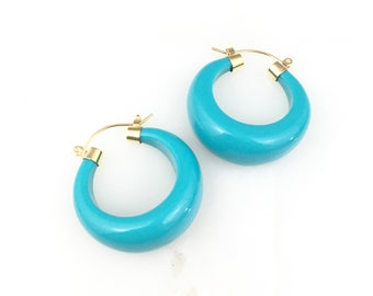 Vintage Gold Plated Blue Lucite Hoop Earrings