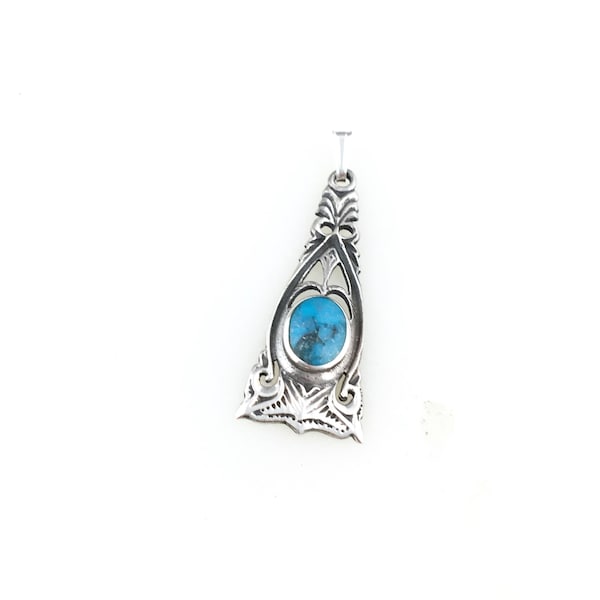 Vintage 925 Sterling Silver Blue Turquoise Bali Filigree Boho Pendant