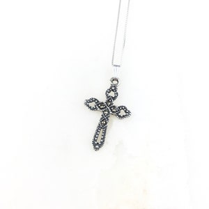 Vintage 925 Sterling Silver Deco Marcasite Religious Cross Pendant Necklace