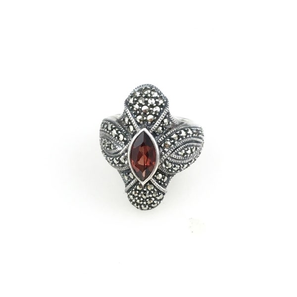 Vintage 925 Sterling Silver Judith Jack Marcasite Deco Red Garnet Cocktail Ring Size 7.25