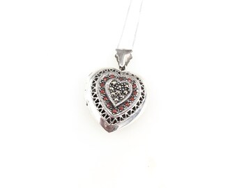 Vintage 925 Sterling Silver Deco Marcasite Heart Locket Pendant Necklace