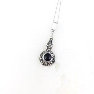 Vintage 925 Sterling Silver Deco Black Onyx Marcasite Pendant Necklace