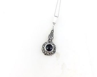 Collier pendentif vintage en argent sterling 925 déco noir onyx marcassite