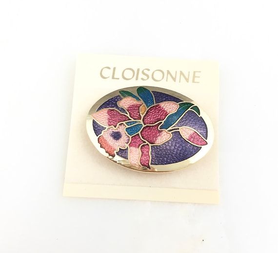 Vintage Cloisonne Gold Tone Enamel Floral Flower … - image 1