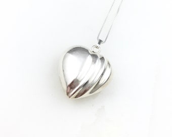 Vintage 925 Sterling Silver Puffy Heart Hollow Charm Pendant Necklace