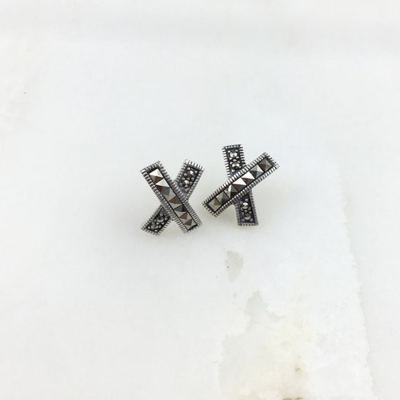 Vintage 925 Deco Sterling Silver Marcasite Stud E… - image 2