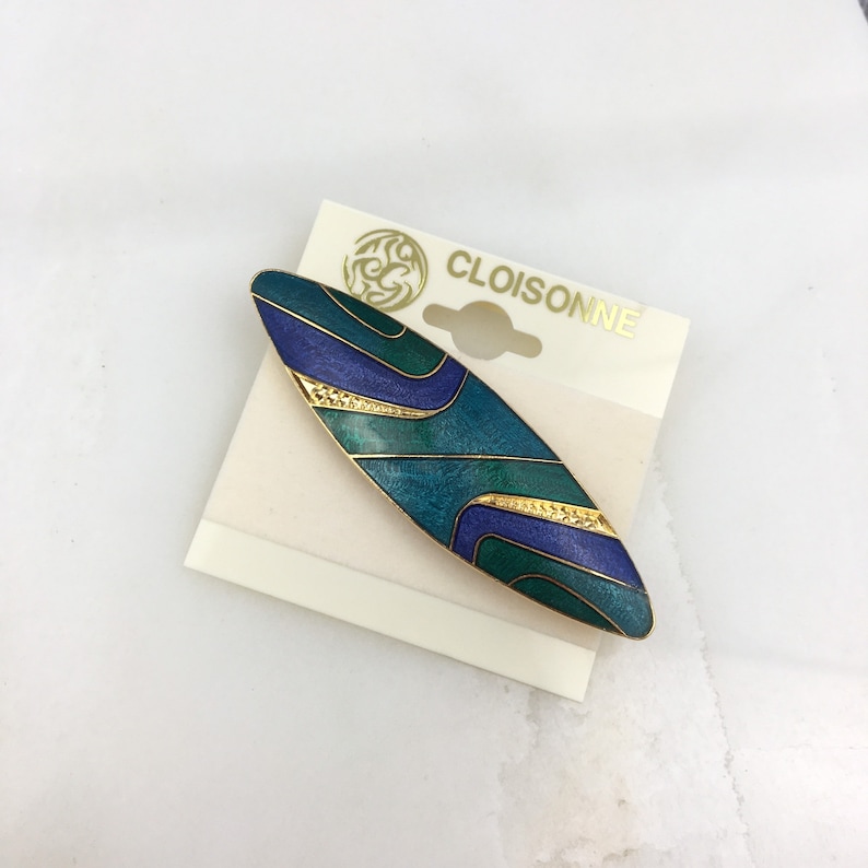 Vintage Gold Tone Enamel Chinese Cloisonne Blue Green Geometric Brooch Pin
