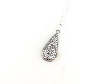 Vintage 925 Sterling Silver Marcasite Art Deco Pendant Necklace