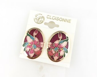 Vintage Cloisonné Enamel Flower Floral Clip On Earrings