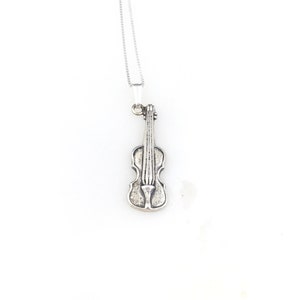 Vintage 925 Sterling Silver Violin Instrument Musician Pendant Charm Necklace