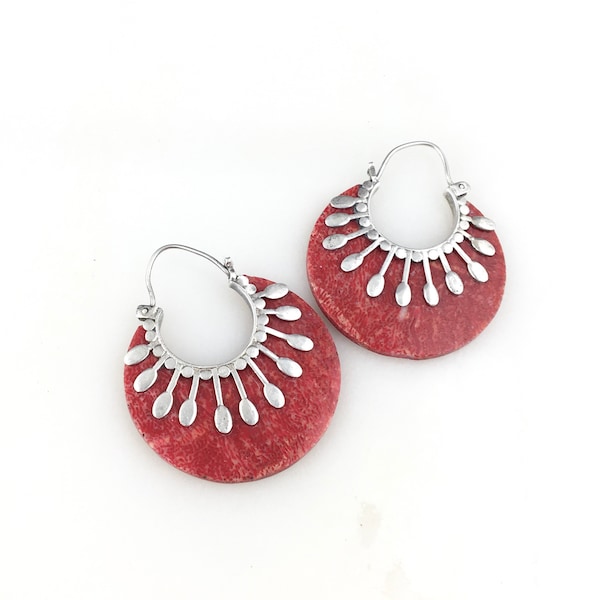 Vintage 925 Sterling Silver Red Bali Hoop Earrings