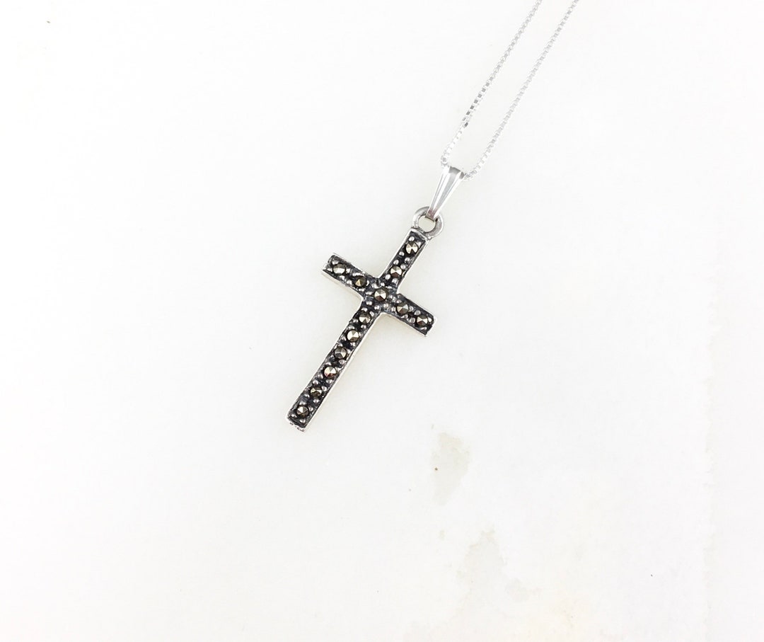Vintage 925 Sterling Silver Art Deco Marcasite Religious Minimal Cross ...