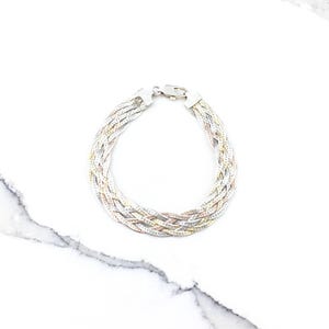 Vintage 925 Sterling Silver Rose Gold Vermeil Braided Chain Link Stacking Bracelet 6.75”